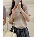 ベージュ | クルーネックリブ編み半袖ニットトップス | aimoha