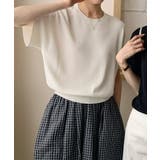 ライトベージュ | クルーネックリブ編み半袖ニットトップス | aimoha