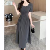 ダークグレー | スクエアネックギャザーロングワンピース | aimoha 