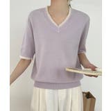 パープル | Vネック半袖ニットトップス | aimoha 