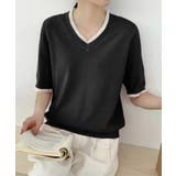 ブラック | Vネック半袖ニットトップス | aimoha 