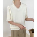 ライトベージュ | Vネック半袖ニットトップス | aimoha 