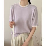 パープル | クルーネック半袖ニットトップス | aimoha