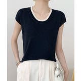 ダークグレー | 配色クルーネック半袖ニットトップス | aimoha