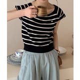 ボーダー柄ボートネック半袖ニットトップス | aimoha | 詳細画像6