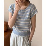ブルー | ボーダー柄ボートネック半袖ニットトップス | aimoha