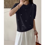 ネイビー | ハート刺繍入り半袖ニットトップス | aimoha 