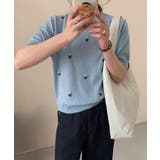 ブルー | ハート刺繍入り半袖ニットトップス | aimoha 