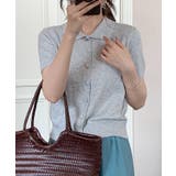 グレー | ポロ襟ボタン付き半袖ニットトップス | aimoha 