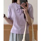パープル | リボン付きフリル襟半袖ニットトップス | aimoha