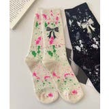 ホワイト | 【MOSOX】リボン×ペイントスプラッシュリブクルーソックス | aimoha