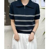 ネイビー | ジップ付きボーダーポロニットトップス | aimoha
