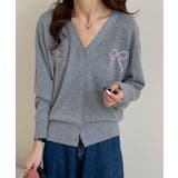 ダークグレー | 【aimoha】リボン刺繍Vネックニットカーディガン | aimoha