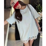 ブルー | 【aimoha】立体リボンモチーフプリントレースTシャツ | aimoha