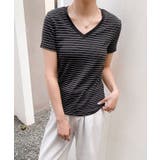 Vネック細ボーダーTシャツ | aimoha  | 詳細画像1 