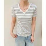 ホワイト | Vネック細ボーダーTシャツ | aimoha 