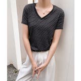 Vネック細ボーダーTシャツ | aimoha  | 詳細画像3 