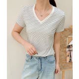 Vネック細ボーダーTシャツ | aimoha  | 詳細画像5 