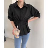 ブラック | ウエストゴムデザイン シャーリングシャツブラウス | aimoha