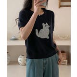 ネイビー | 黒猫モチーフ刺繍ニットTシャツ | aimoha