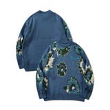 ブルー | 絵画調フラワージャカード編みニット風スウェット サガラ刺繍入り ニット | HOOK