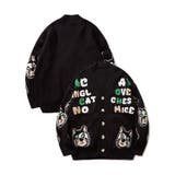 ブラック | サガラ刺繍猫柄Vネックカーディガン 韓国ファッション ユニセックス【AW】 | HOOK
