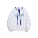 ホワイト | 古着風フリンジ刺繍編み上げポロ襟スウェット ユニセックス 韓国ファッション | HOOK