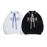 古着風フリンジ刺繍編み上げポロ襟スウェット ユニセックス 韓国ファッション | HOOK | 詳細画像1