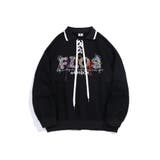 ブラック | 古着風フリンジ刺繍編み上げポロ襟スウェット ユニセックス 韓国ファッション | HOOK