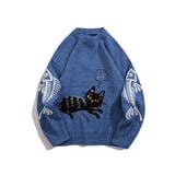 ブルー | 【HOOK】個性派 かわいい猫とサカナ刺繍ニットセーター メンズ | HOOK