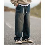 ブルー | 【HOOK】古着風ウォッシュデニム切り替えワイドパンツ | HOOK