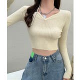 ベージュ | ミニ丈ハートネックリブニットトップス 韓国ファッション ニット | aimoha 