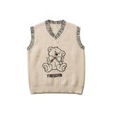 ベージュ | クマプリント手縫い巻きかがり風ニットベスト ユニセックス 韓国ファッション | HOOK