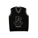 ブラック | クマプリント手縫い巻きかがり風ニットベスト ユニセックス 韓国ファッション | HOOK