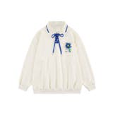 ライトベージュ | 編み上げ花モチーフ付きポロシャツ風スウェット ストリート系 ロンT | HOOK