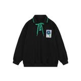 ブラック | 編み上げ花モチーフ付きポロシャツ風スウェット ストリート系 ロンT | HOOK
