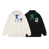 編み上げ花モチーフ付きポロシャツ風スウェット ストリート系 ロンT | HOOK | 詳細画像1