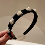 1 | ベルベット生地リボンとビジューパールのロマンティックカチューシャ 量産型 | aimoha