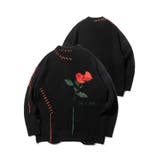 ブラック | ワッフル編み手縫いステッチバラ刺繍ニット風スウェット ストリート系 オラオラ系 | HOOK