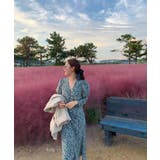 配色Vネック花柄ワンピース 韓国ファッション ワンピース | aimoha  | 詳細画像2 