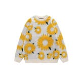ホワイト | サガラ刺繍風ひまわり総柄ニット ストリート系 オラオラ系 | HOOK