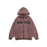 レッド | アメカジ英字刺繍ウォッシュ加工前開きパーカー ユニセックス オーバーサイズ | HOOK