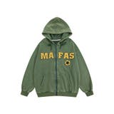 グリーン | アメカジ英字刺繍ウォッシュ加工前開きパーカー ユニセックス オーバーサイズ | HOOK