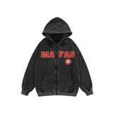 ブラック | アメカジ英字刺繍ウォッシュ加工前開きパーカー ユニセックス オーバーサイズ | HOOK
