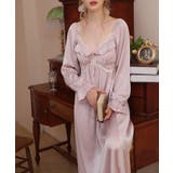 パープル | シルク風フリル×レース長袖ロングワンピース ルームウェア Jasmine | aimoha