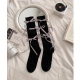 ブラック2 | レースアップ風リボンロングソックス | aimoha 