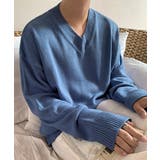 ブルー | Vネック片畦ニットプルオーバー ロンT スウェット | aimoha men