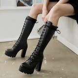 ストーム4cm厚底レースアップPUロングブーツ 韓国ファッション ハイウエスト | aimoha | 詳細画像1