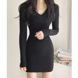 ブラック | 太リブニットVネックミニワンピース 韓国ファッション ニット | aimoha