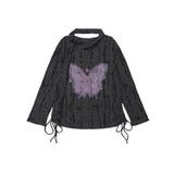 グレー | 【HOOK】for girls バタフライプリントダメージ編み裾シャーリング透か… | HOOK